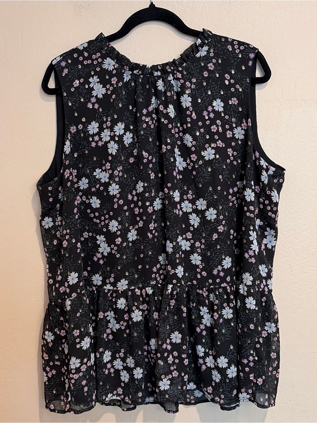 Loft Cute Black Tank Blouse With Pink And Baby Blue Flowers, High Neck, Ruffled